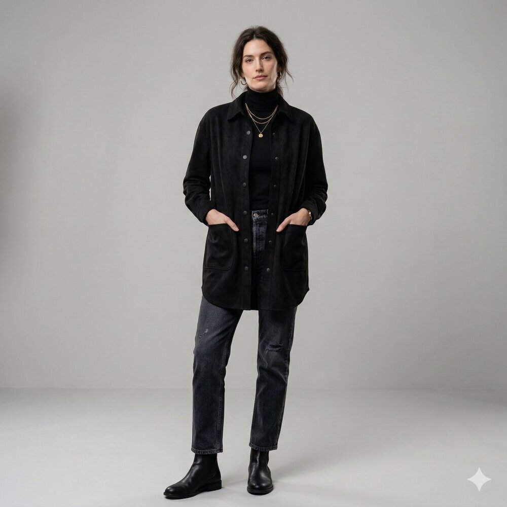 Well Worn Black Faux Suede Shacket Jacket Oversized S - Picture 3 of 10